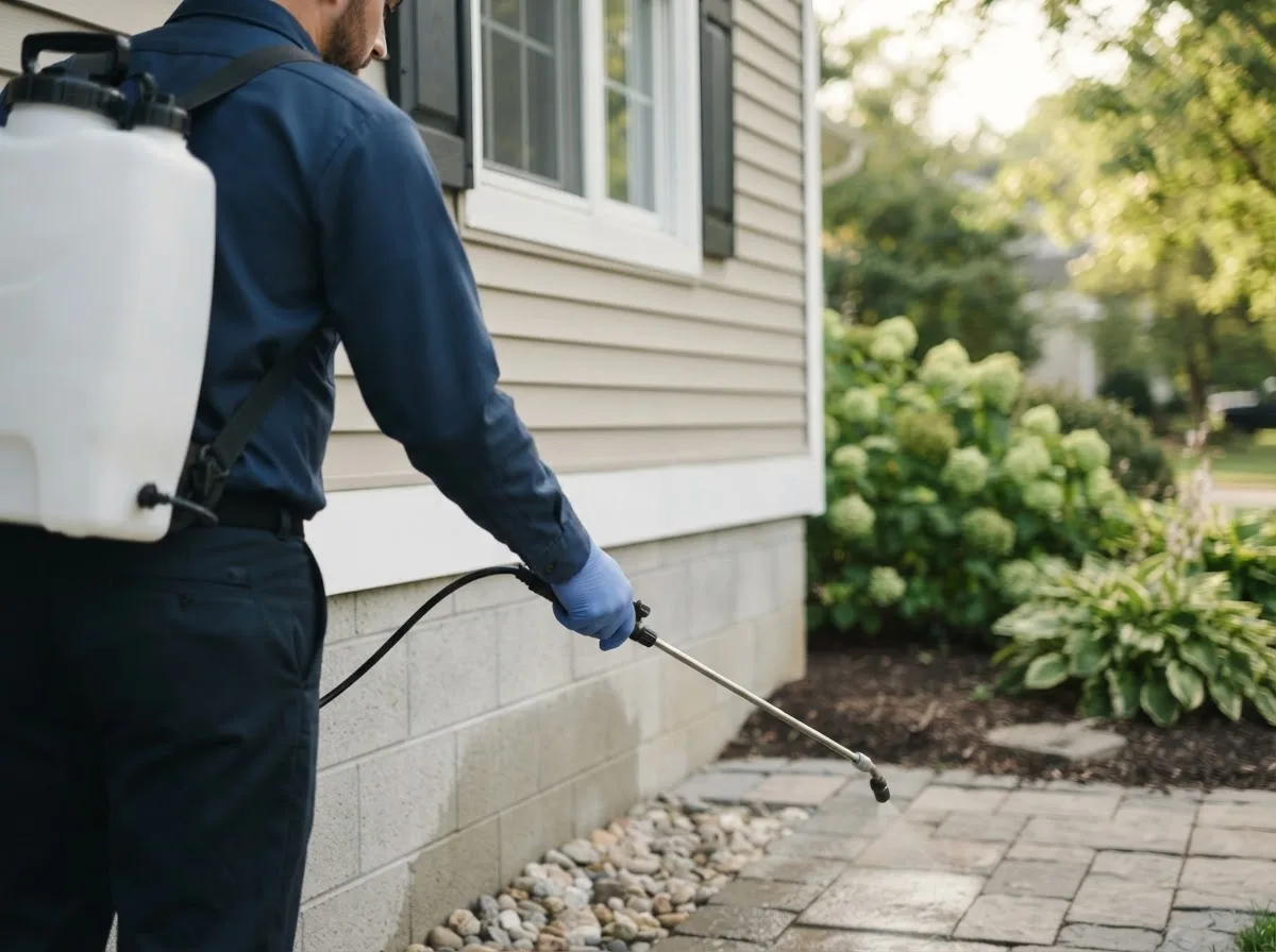 Pest control technician inspecting a home in Lamar, IN